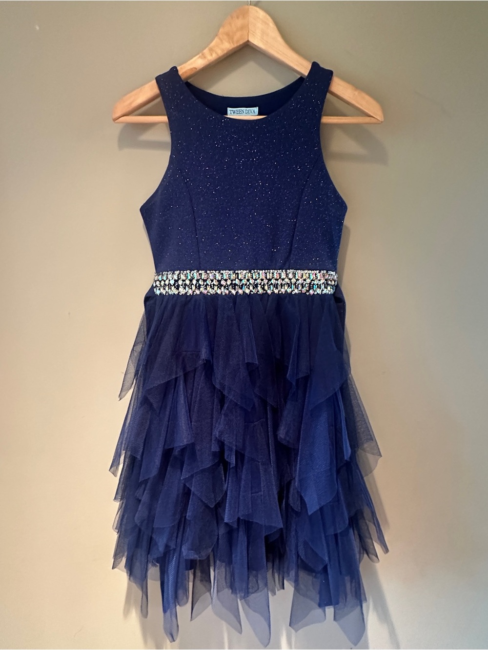 Tween Diva Girls Blue Sparkle Ruffle Tulle Dress with Jeweled Waist 14